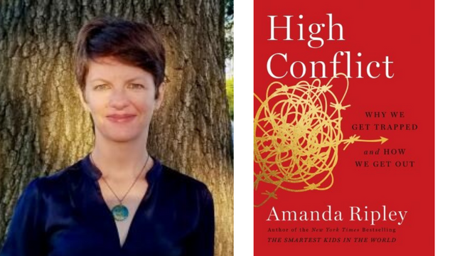 Portrait of Amanda Ripley, next to her book "High Conflict"