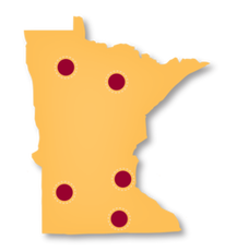 MN state map with dots showing locations of Courageous Conversations forums