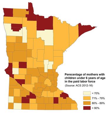 Map of Minnesota showing the rate of working mothers in each county