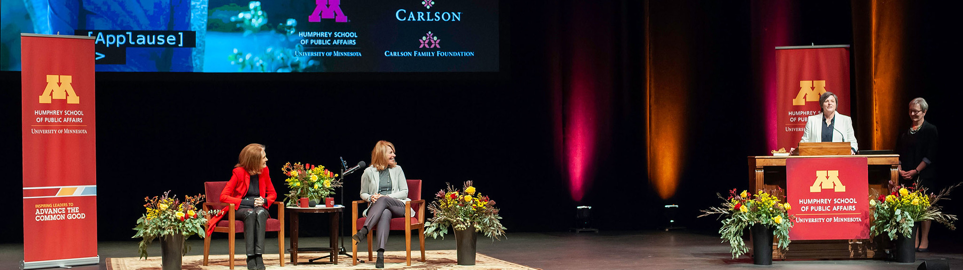 Gloria Steinem and Kerri Miller onstage at Northrop Auditorium with Carlson Family Foundation board chair Wendy Nelson and Humphrey School Dean Laura Bloomberg
