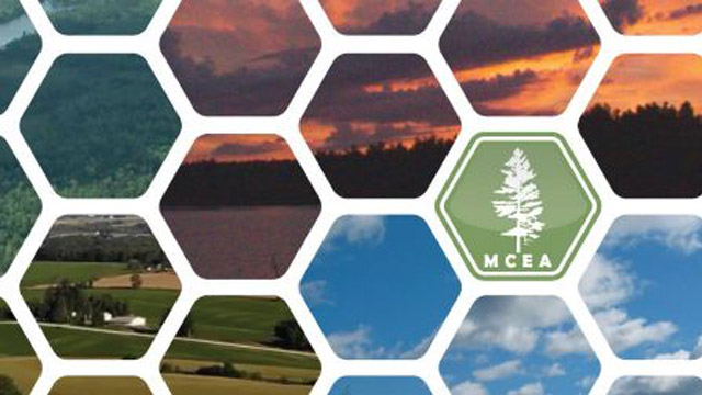A honeycomb pattern over images of forests, fields, and blue sky, with a hexagonal green logo featuring a white pine tree and the letters "MCEA"