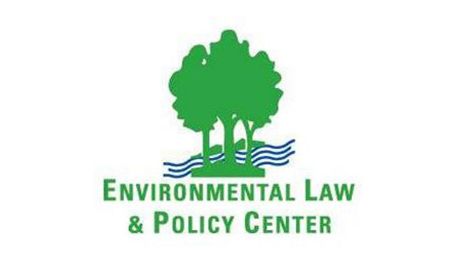 Green and blue graphic of trees and water with text that reads "Environmental Law and Policy Center"