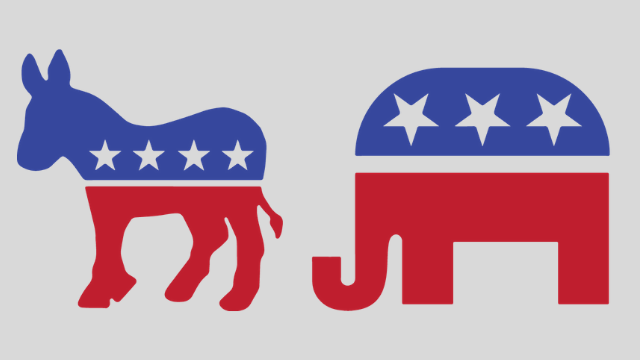 Silhouettes of a donkey and elephant with red, white, and blue stars and stripes