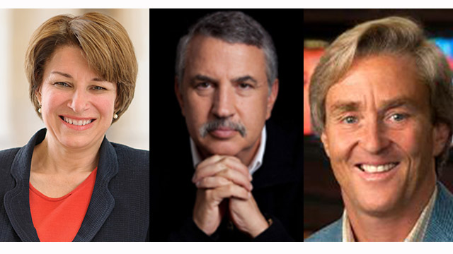 Composite headshots of Amy Klobuchar, Thomas Friedman, and Jim Steyer