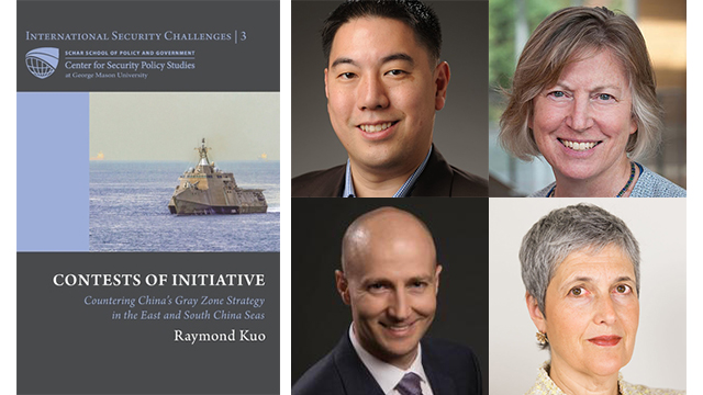 Composite headshots of Raymond Kuo, Mary Curtin, Michael Hunzeker and Ellen Laipson next to cover of Raymond Kuo's book Contests of Initiative