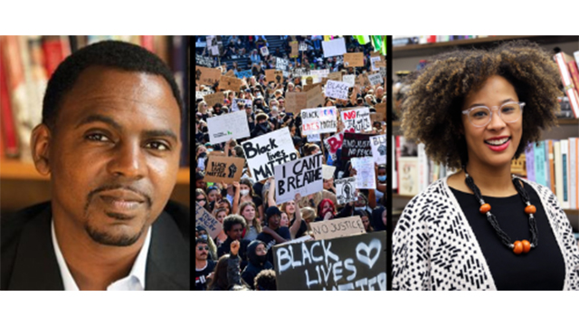 Headshots of Daniel Gillion and Megan Ming Francis alongside an image of Black Lives Matter protesters