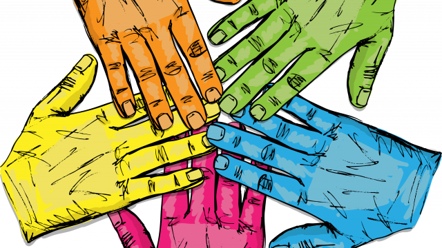 Image of five different colored hands coming together.
