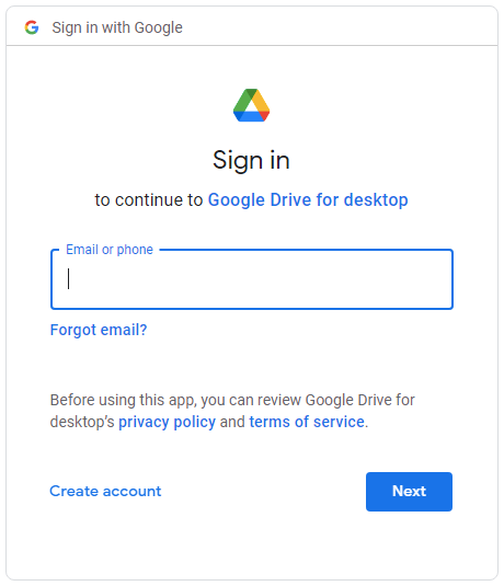 Screenshot of the google drive email account prompt