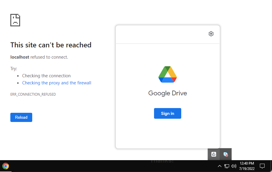 Screenshot of the google drive connection error message
