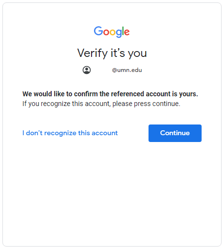 Screenshot of the google drive account verification prompt