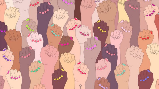 Illustration of many different people raising their fists