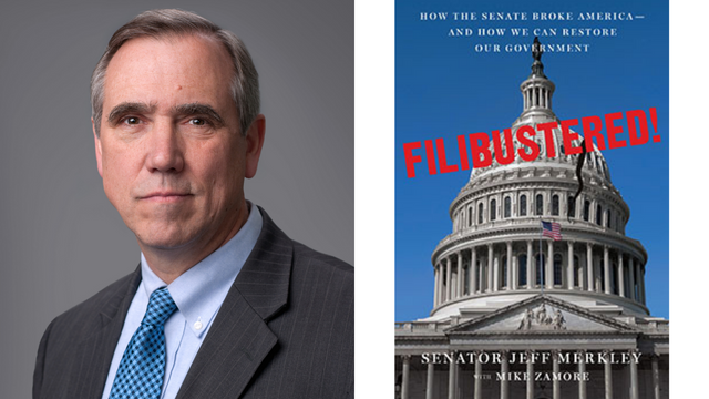 side by side images of Senator Jeff Merkley and the cover of his book, Filibustered