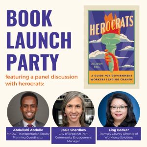 Book Launch party flyer with images of book and panelists