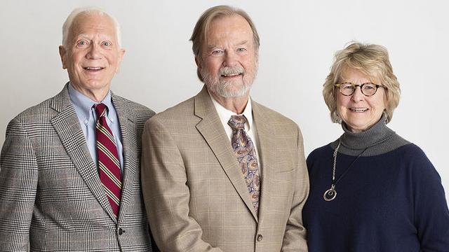 Retiring professors Robert Kudrle, John Bryson, and Melissa Stone
