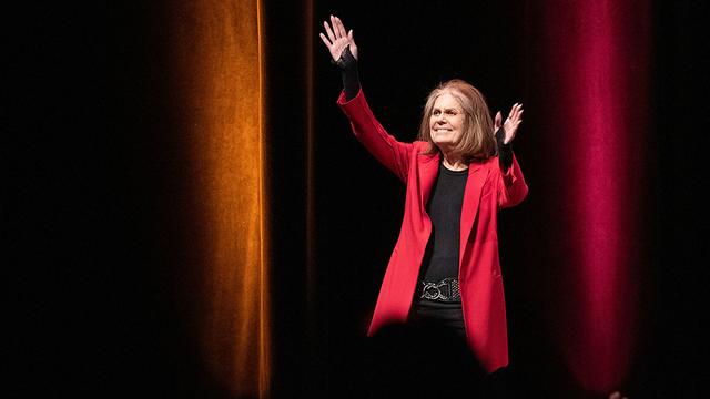 Gloria Steinem enters the Northrop stage for an appearance on February 19, 2020.