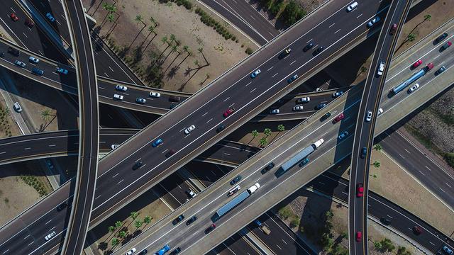 Aerial view of freeway infrastructure