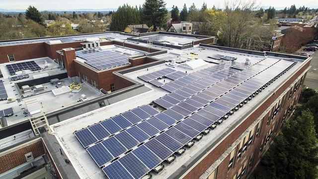 Solar panels on the roof of a school building