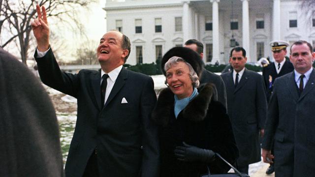 Hubert and Muriel Humphrey walk outside on Inauguration Day 1968