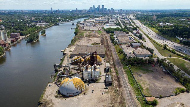 Aerial view of the Upper Harbor Terminal along the Mississippi River in north Minneapolis