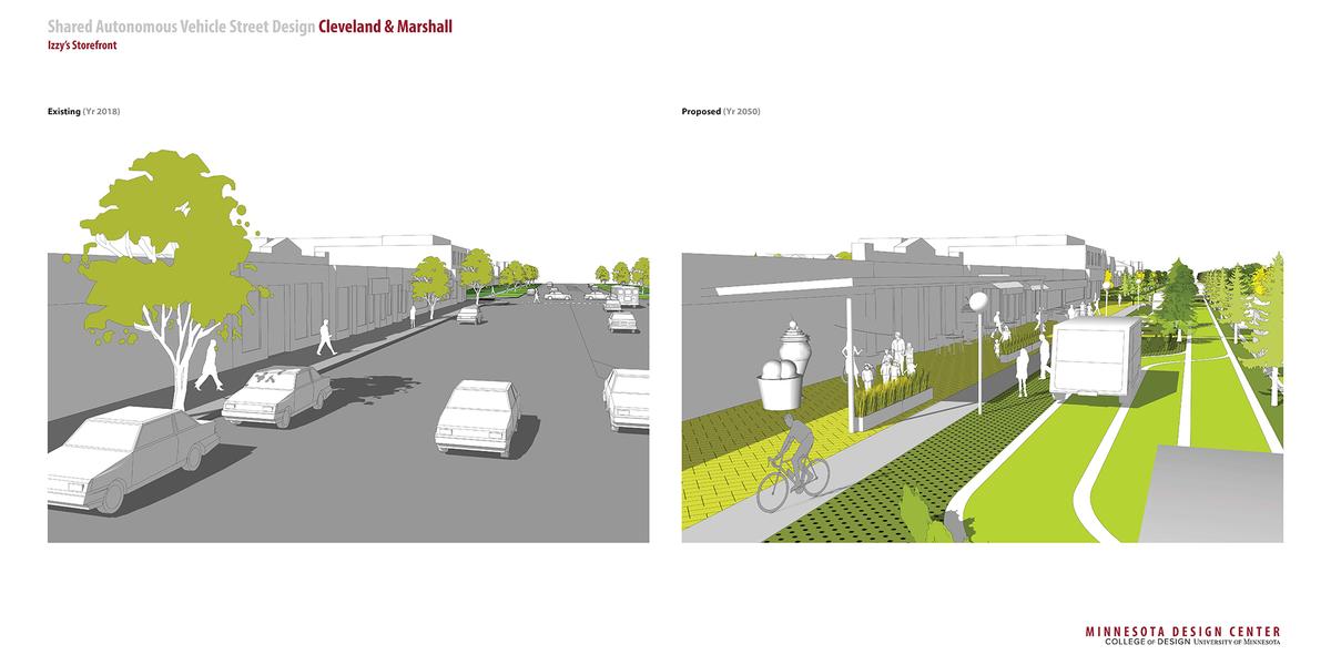 Rendering of how a streetscape could change with autonomous vehicles