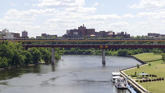 Long shot of the Washington Avenue bridge span over the Mississippi River in Minneapolis