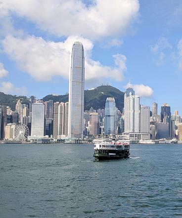 Hong Kong harbor front seen from a ferry 