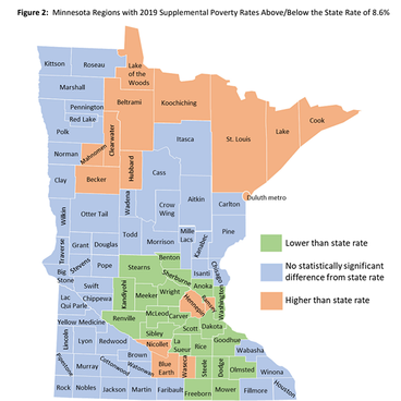 Map showing the poverty rates in all Minnesota counties by color