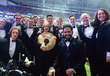 Group photo of Gopher marching band members at the 2018 Super Bowl